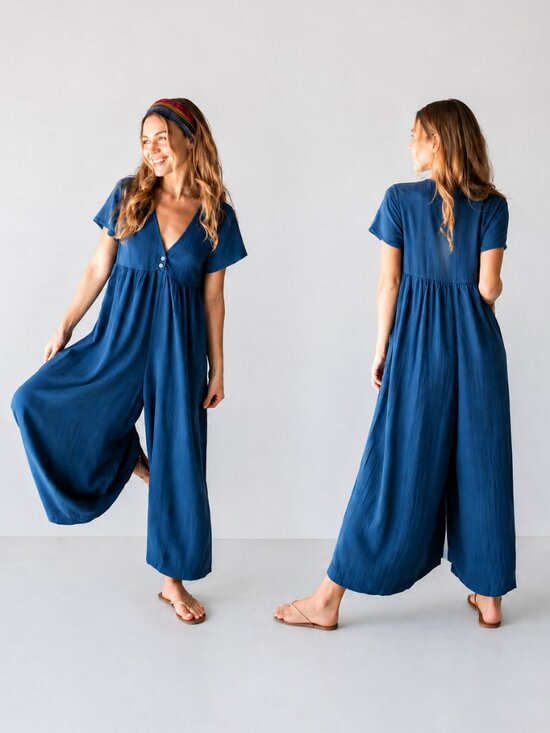 NATURAL LIFE Pants - NATURAL LIFE Deep Blue Wide-Leg Button Front Jumpsuit